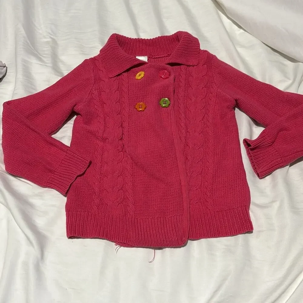 Gymboree S 5/6 hot pink chunky cable knit cardigan bright flower buttons euc